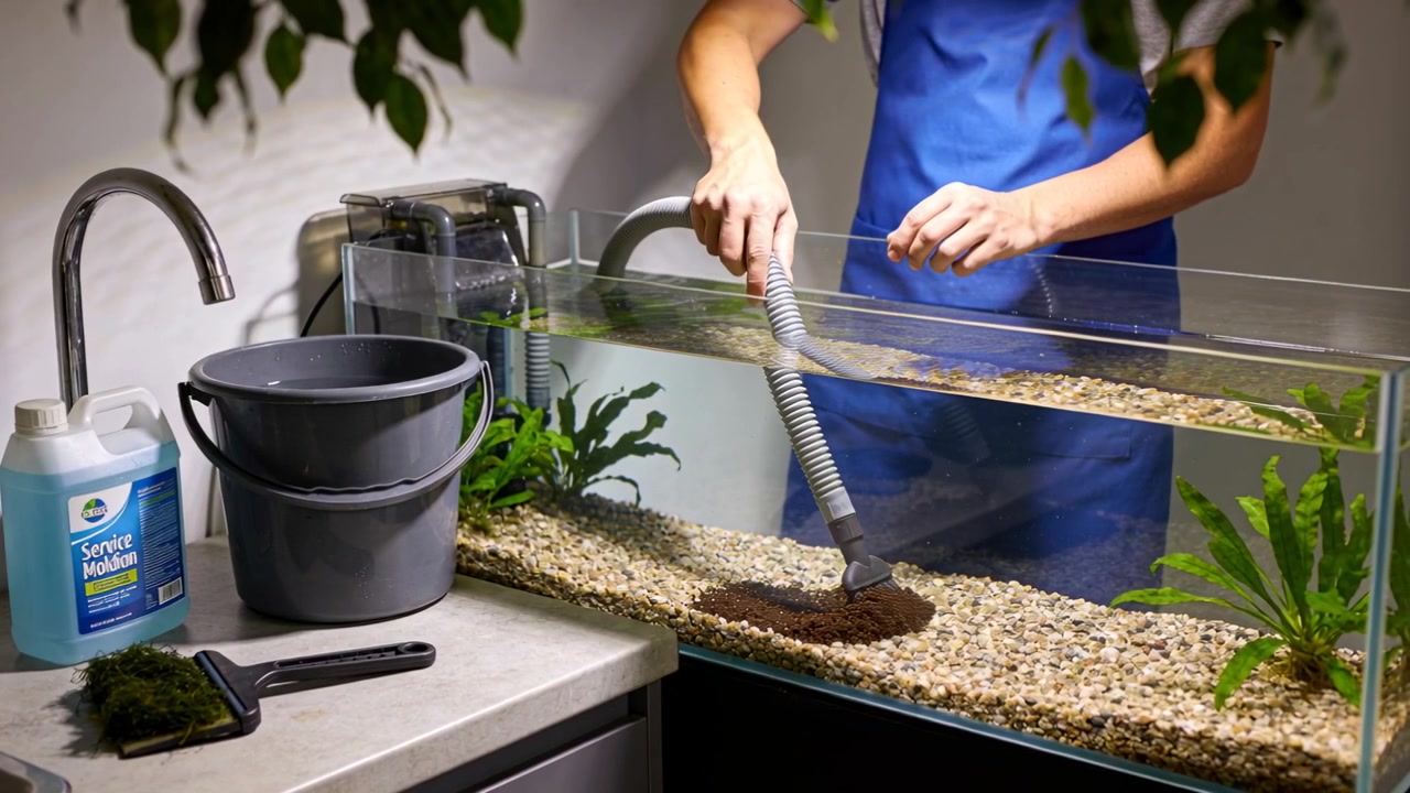 Uomo con grembiule blu che posiziona un sifone e aspira la ghiaia dell'acquario sul bancone vicino al rubinetto per la pulizia.