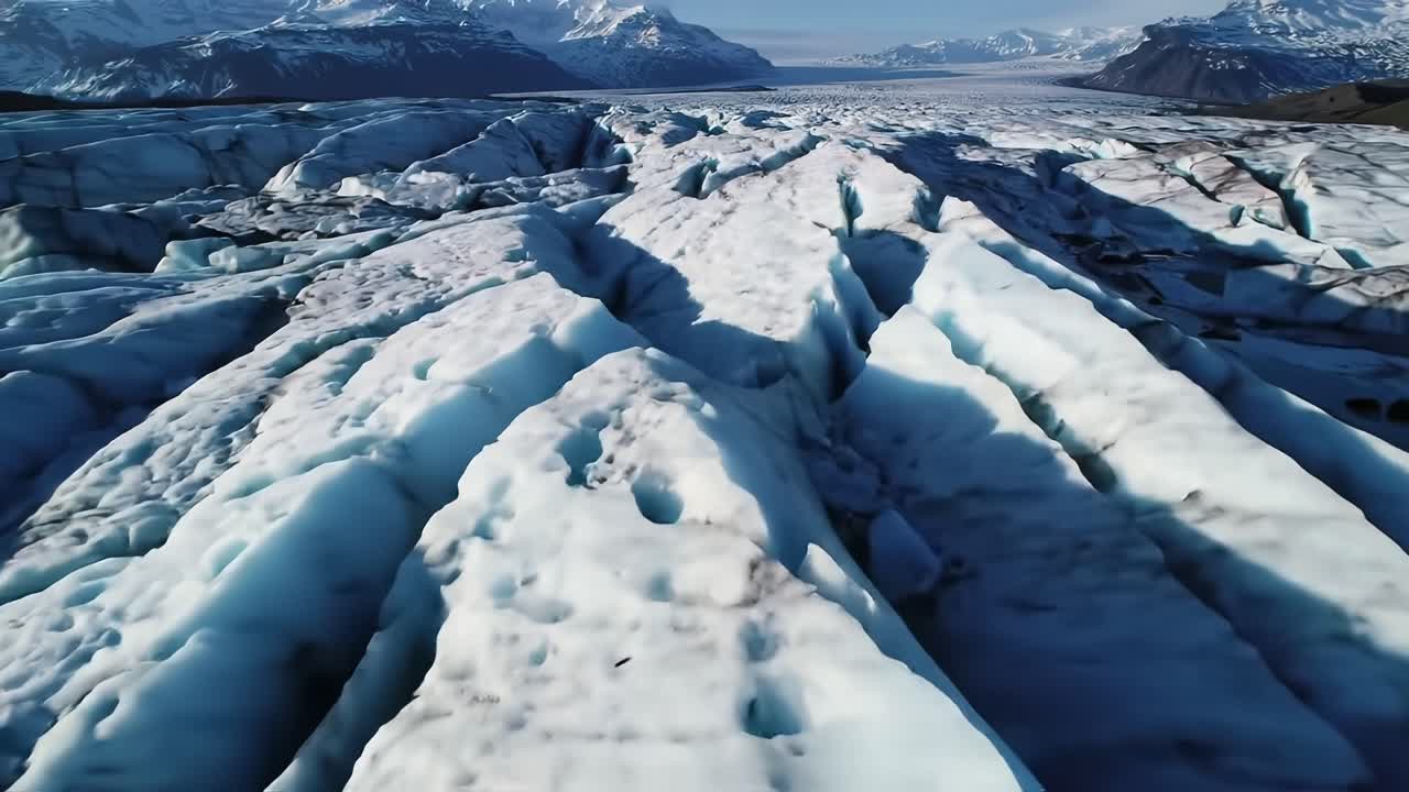 Majestic Glacier Landscape: An Aerial Perspective of Cracked Ice Formations and Serene Blue Glacial Waters Under Vast Mountainous Terrain