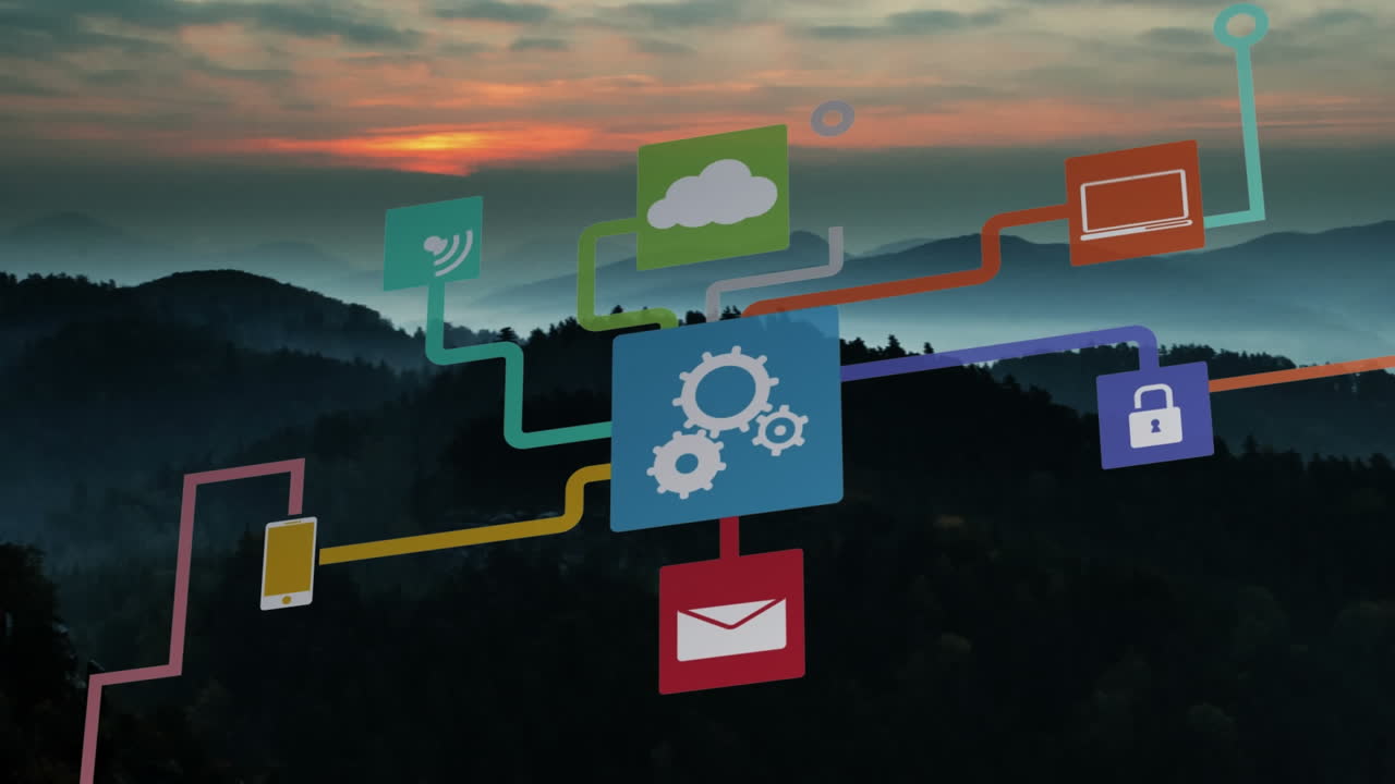 Animation of flow chart of icons over aerial view of silhouette of forest and mountains