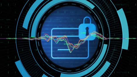 Animation-of-graphs-over-padlock-and-credit-card-in-loading-circles-with-numbers-on-black-background