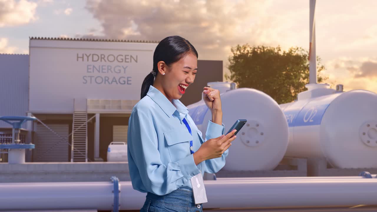하이테크 산업 시설인 녹색 수소 공장에서 스마트폰을 들고 서있는 아시아 여성 직업 노동자의 측면 뷰, 그녀는 스마트폰을 확인한 후 소리 지르는 목표로 주먹을 들어 올립니다.
