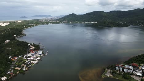 Panoramic-Aerial-Drone-View-of-Lagoa,-Santa-Catarina-Island-Brazil-Landscape,-Green-Mountains-and-Misty-Lagoon,-Florianopolis,-Conceição