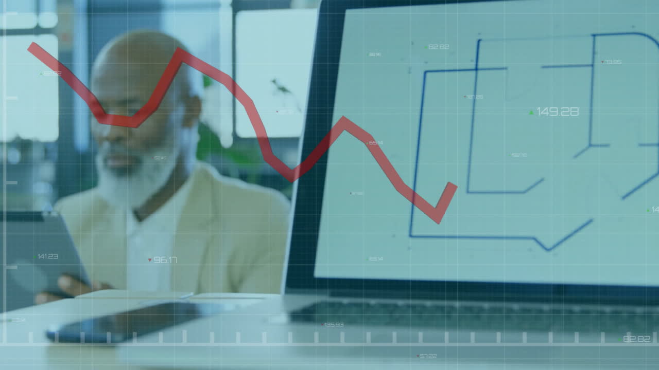 Animation of data processing and diagrams over biracial businessman using tablet