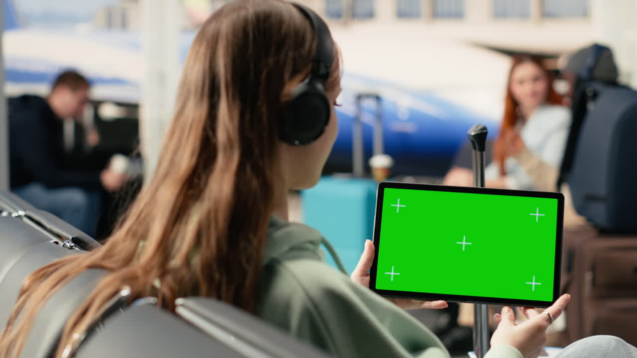 Wanita Muda Memakai Headphone Memegang Tablet Layar Hijau di Bandara