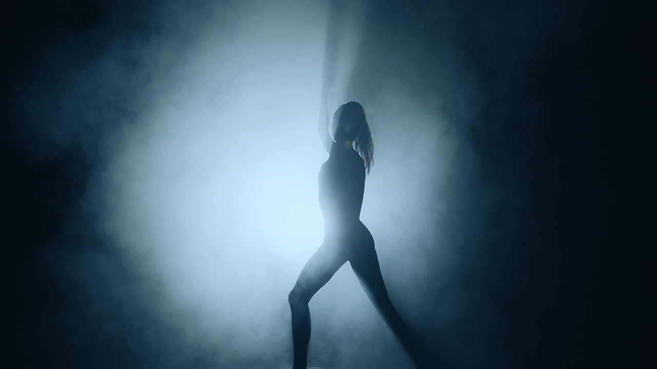 silueta de una graciosa bailarina bailando en humo texturizado en el centro de atención, actuación de ballet moderno
