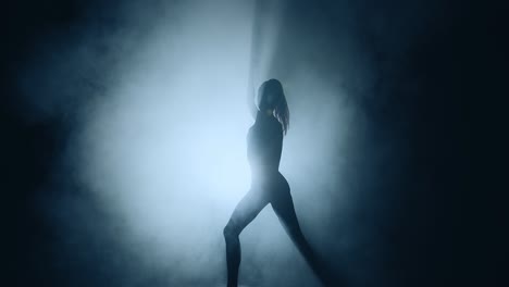 silhouette of graceful ballerina dancing in textured smoke in spotlight, modern ballet performance