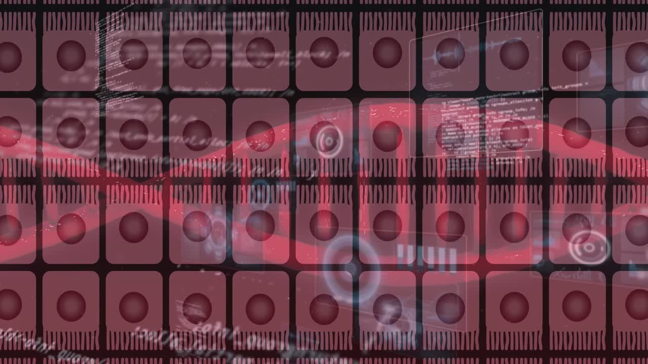 dna 가닥 위의 세포의 애니메이션과 검은색 배경의 데이터 처리