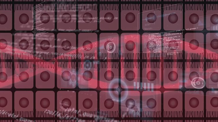 Animatie van cellen over een DNA-streng en gegevensverwerking op zwarte achtergrond
