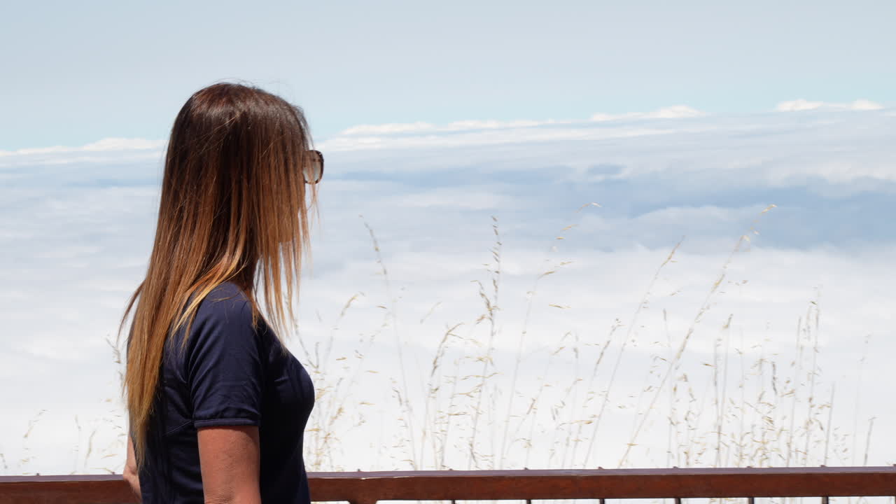 Tourist observing a breathtaking panorama above the clouds in Teide National Park