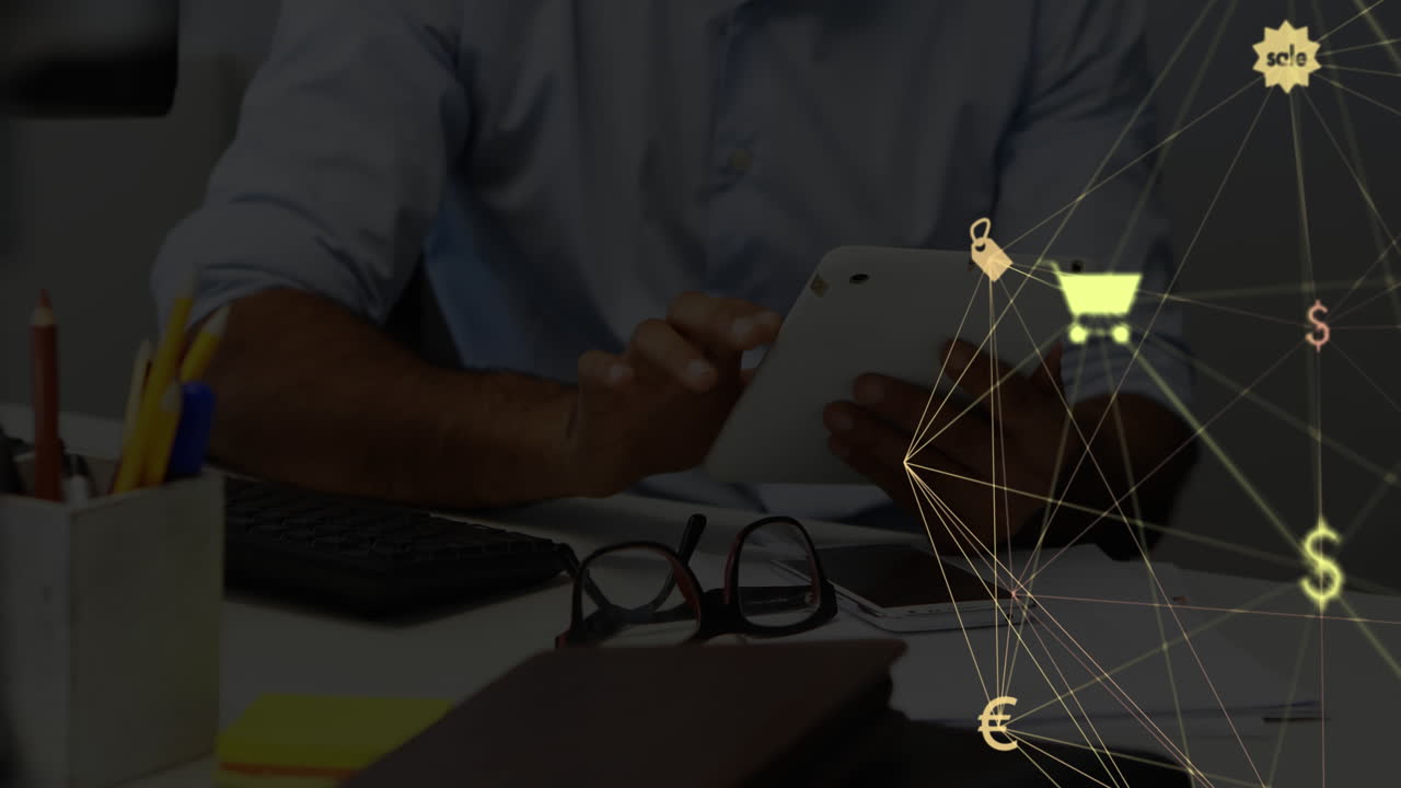 디지털 태블릿을 사용하여 사람에 대해 움직이는 아이콘과 연결의 웹의 디지털 복합 비디오