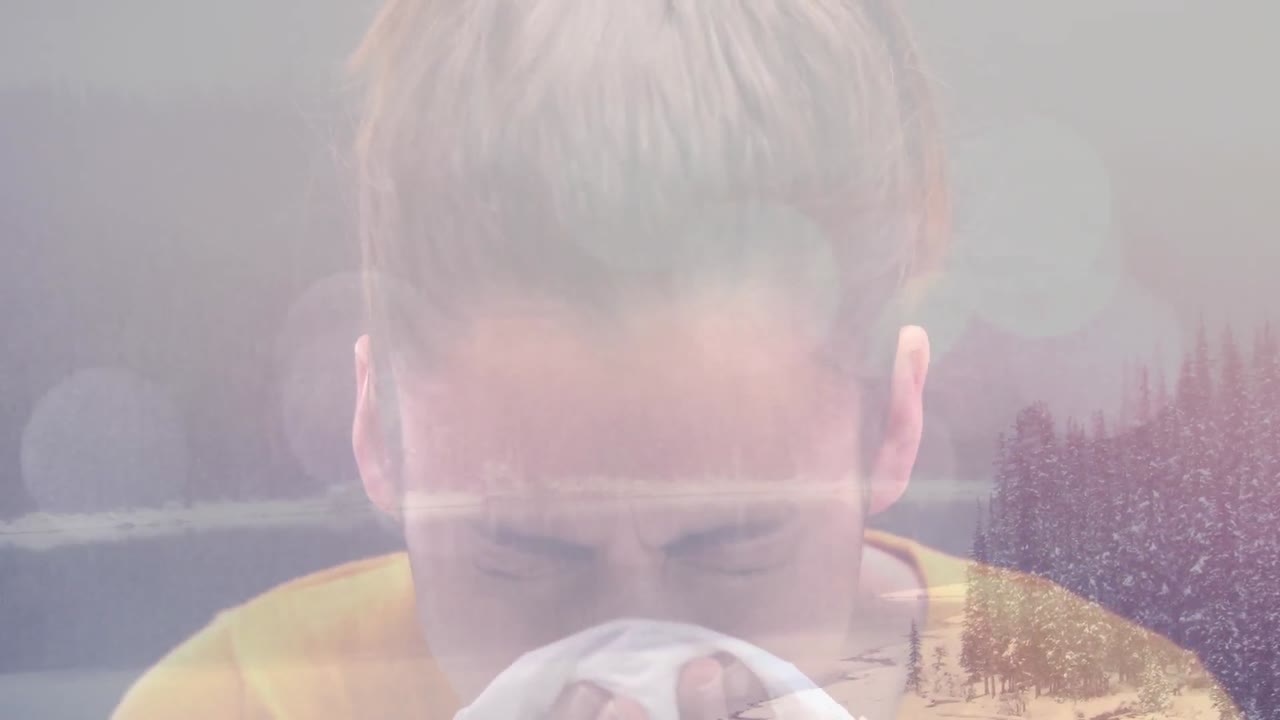 겨울 풍경을 배경으로 조직을 사용하여 재채기하는 여성의 애니메이션