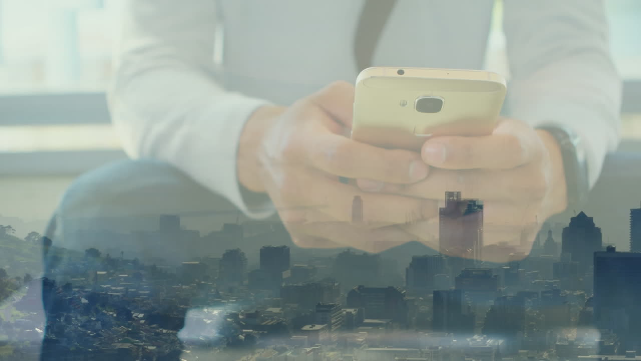 스마트폰 을 사용하는 백인 사업가 에 대한 도시 풍경 의 애니메이션