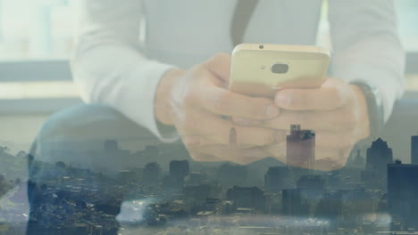 animación del paisaje urbano sobre un empresario caucásico que usa un teléfono inteligente