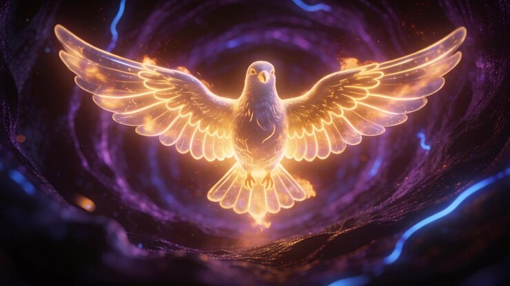 Emerging bird opening wings, hovering from purple vortex casting ember sparks blue streaks rock rim