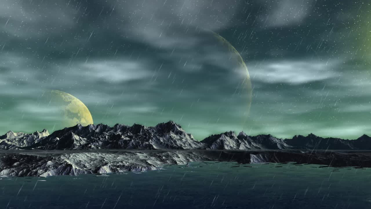 Alien Planet. Mountain and  water. Animation. Panorama. 4K