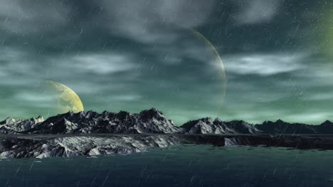 alien planet. mountain and  water. animation. panorama. 4k