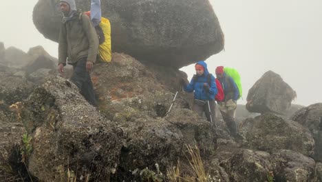 side view of tourists with backpacks walking step by step through the wasteland between the rocks in the fog