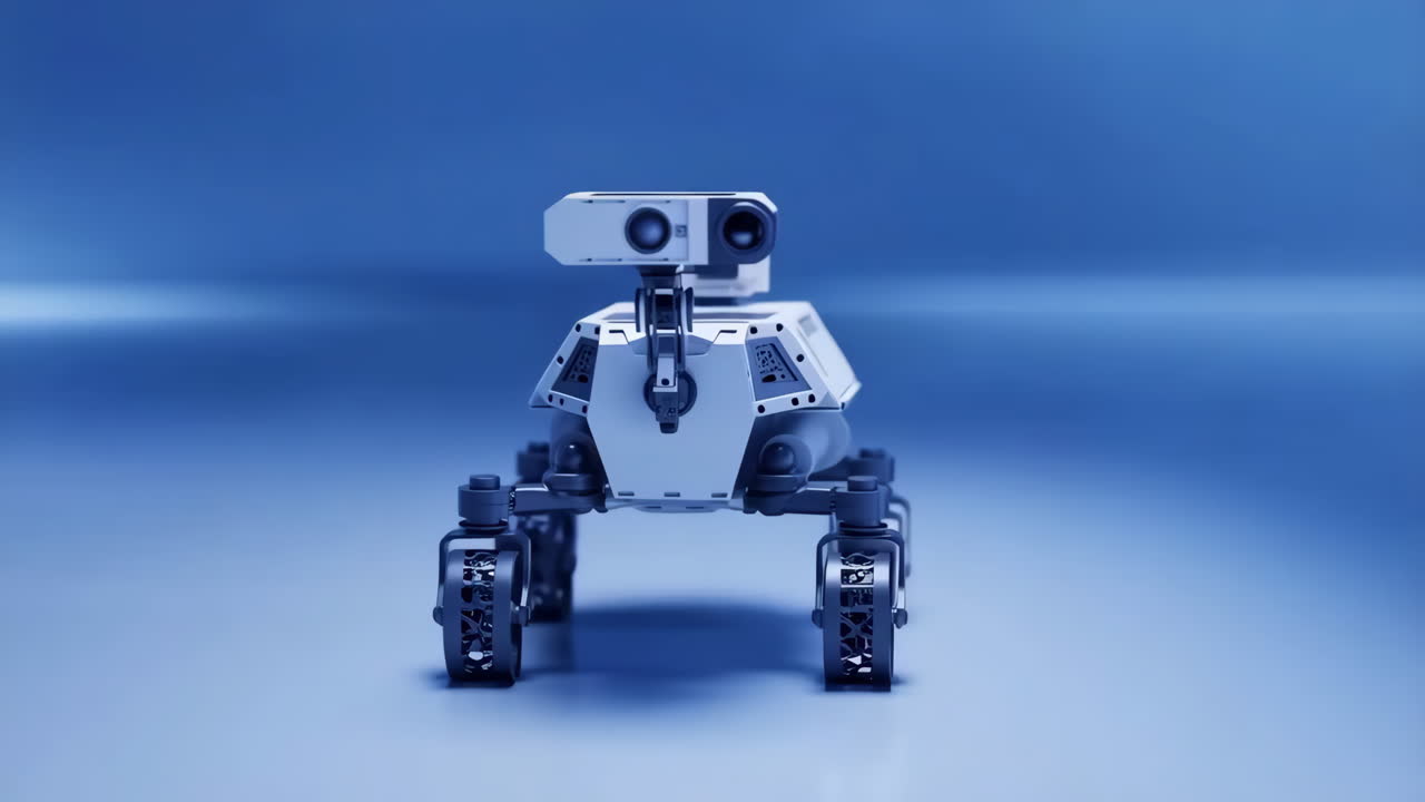A white robotic rover with advanced sensors on a blue background
