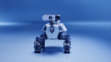 a white robotic rover with advanced sensors on a blue background