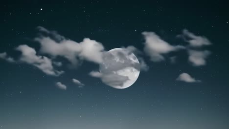 a captivating nighttime view reveals a radiant full moon shining brightly in a clear sky, while soft clouds drift gently past it, creating a serene atmosphere.