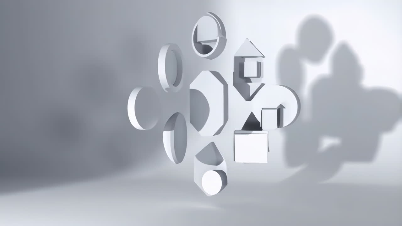 Abstract 3D Geometric Shapes with Shadows on a White Background