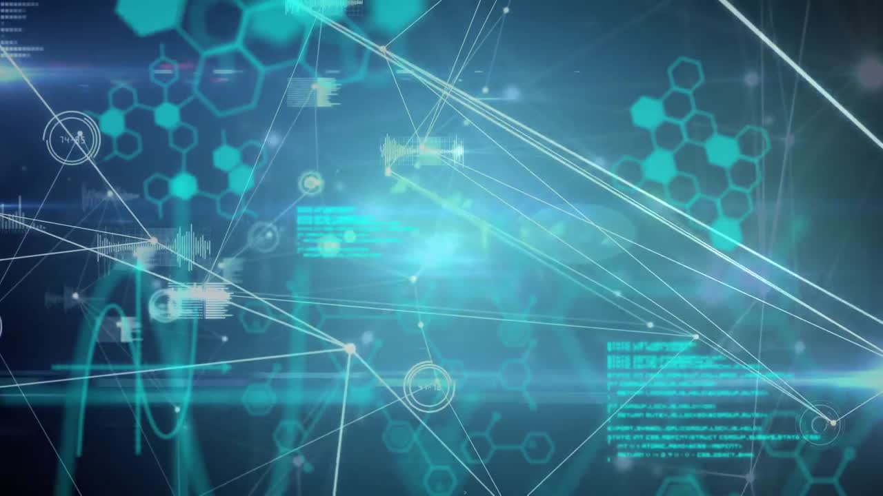 어두운 배경 위에 연결 네트워크와 아이콘의 애니메이션