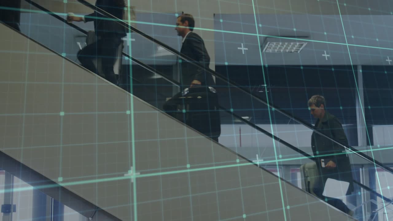 Business team ascending diagonal stair with woman stepping handrail, blue grid guiding to meeting