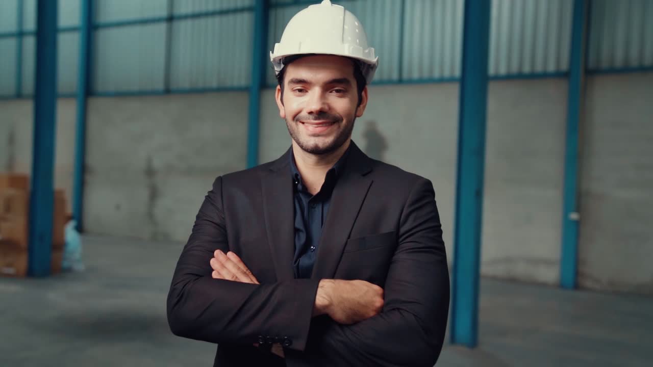 retrato de un gerente de fábrica confiado con traje y casco de seguridad