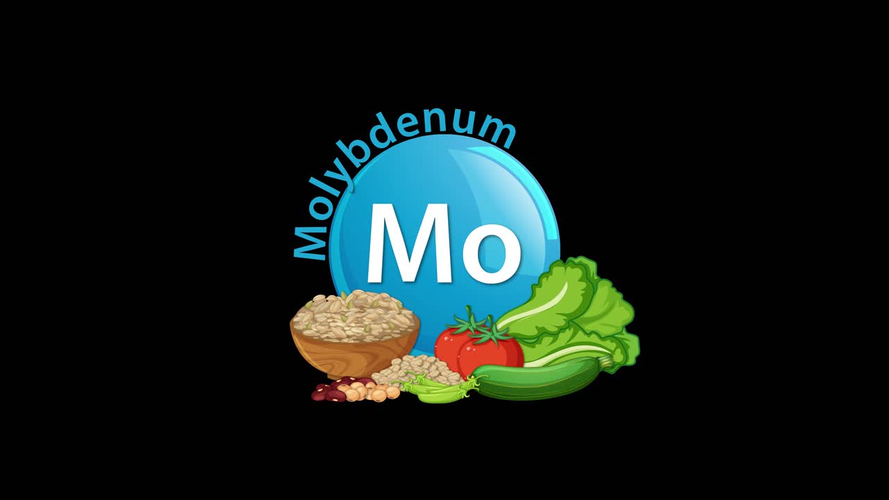 A blue molybdenum element icon animates downward, merging with illustrated vegetables and grains on a black background. Smooth transitions, clean vector style