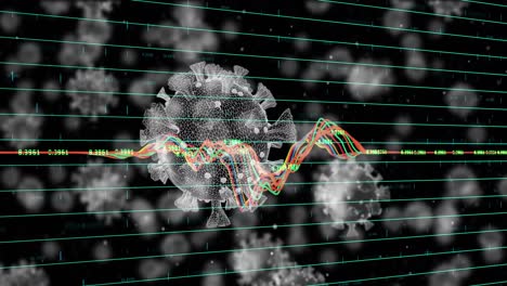 animation of data processing over coronavirus cells floating