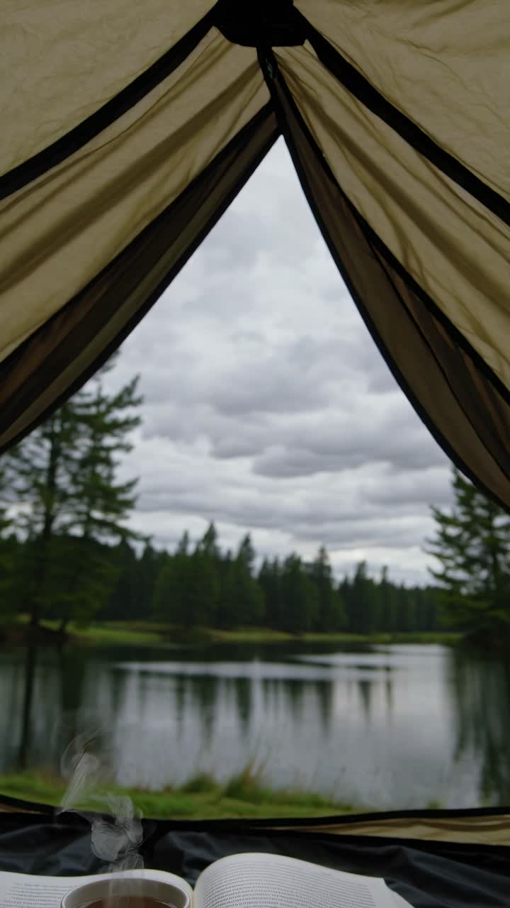 A cozy scene from a tent's perspective, capturing a steaming cup and open book with a serene lake