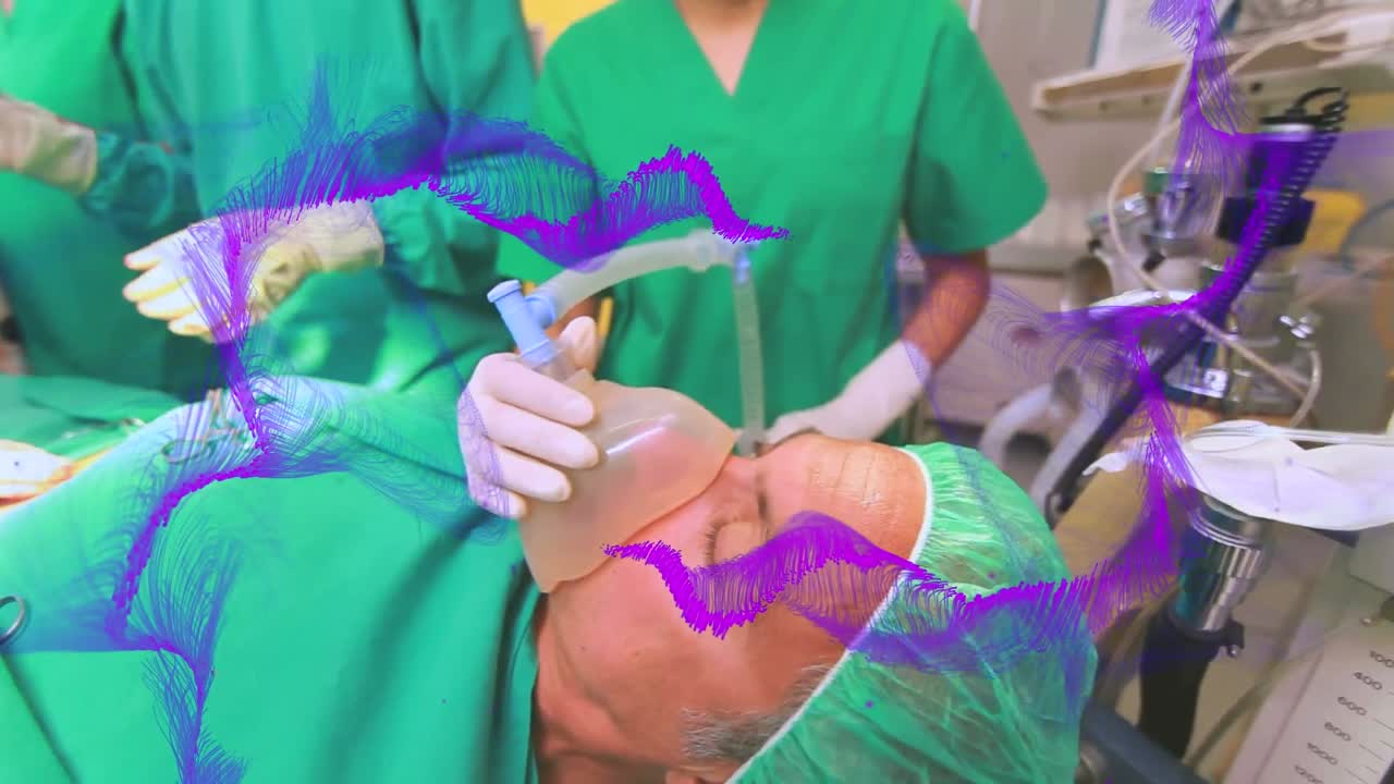 animación de la red púrpura sobre un grupo diverso de cirujanos que operan en pacientes varones mayores