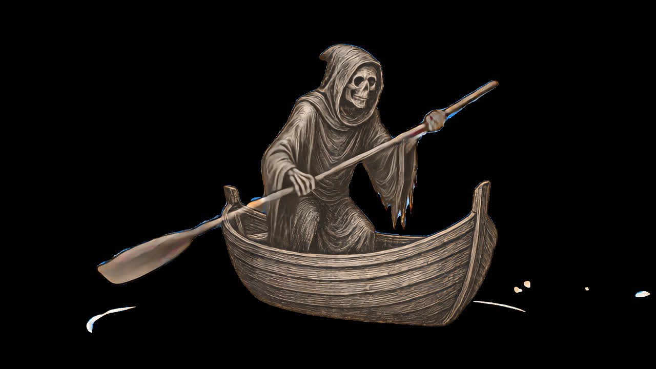 Grim reaper rowing boat animated overlay, transparent 4K video, alpha channel, ProRes 4444