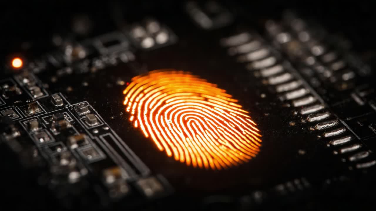 A Close-Up View of an Illuminated Fingerprint on a Circuit Board Showcasing the Intersection of Biometrics and Technology in Modern Security Solutions