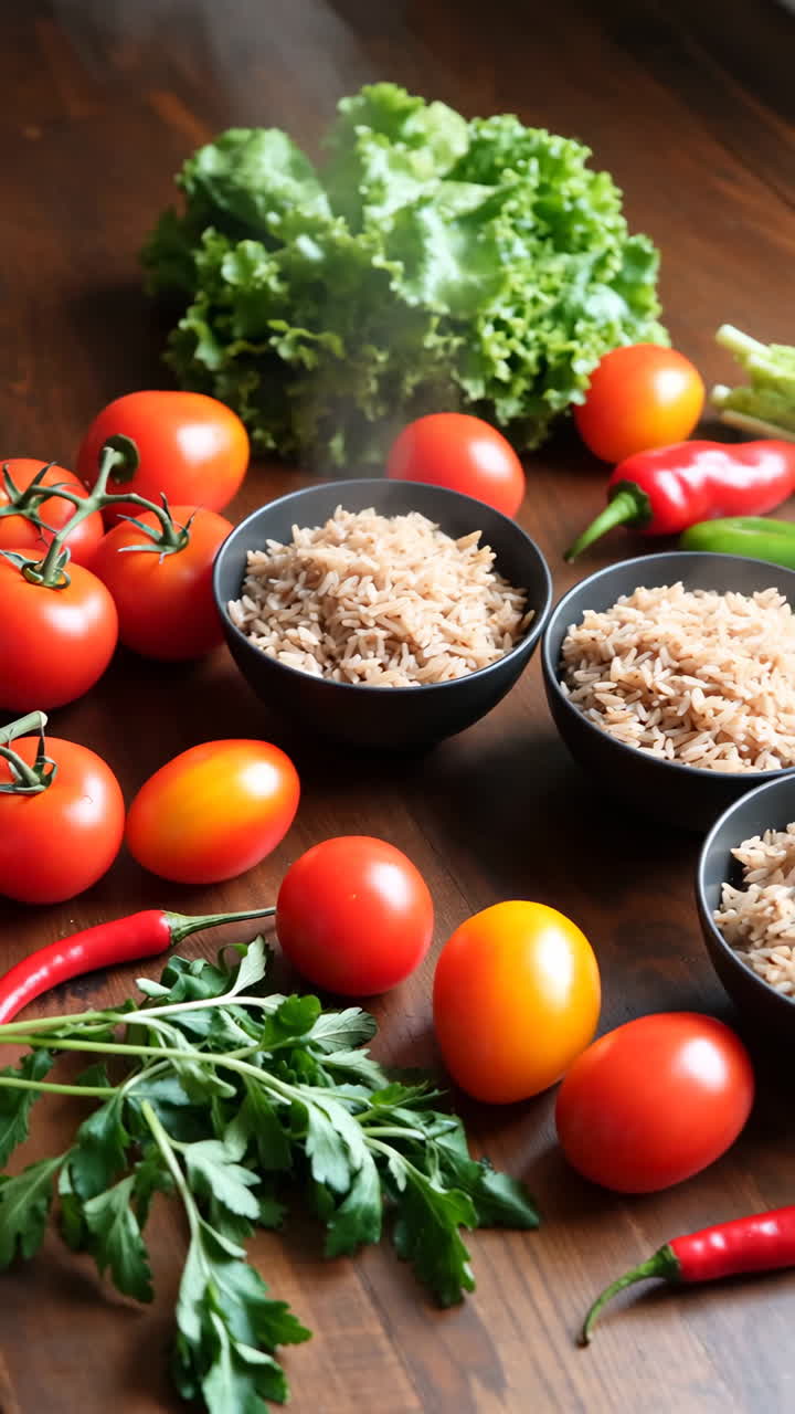 Steaming Brown Rice with Fresh Vegetables and Herbs
