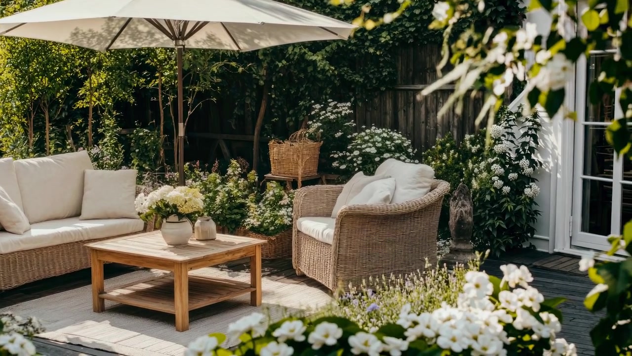 Cozy Outdoor Patio Seating Area in a Lush Garden