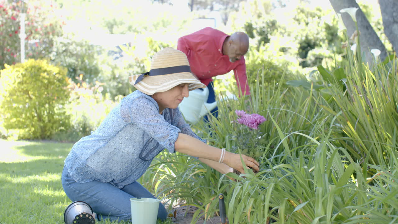 una pareja feliz y diversa jardinando en un jardín soleado, en cámara lenta.