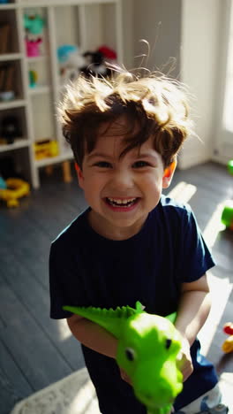 happy child playing with a dinosaur toy