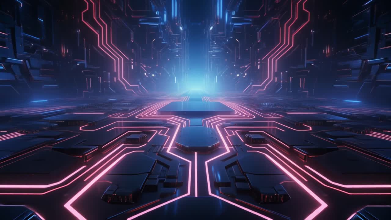 Movendo-se Através de um Túnel Futurista de Placa de Circuito Digital