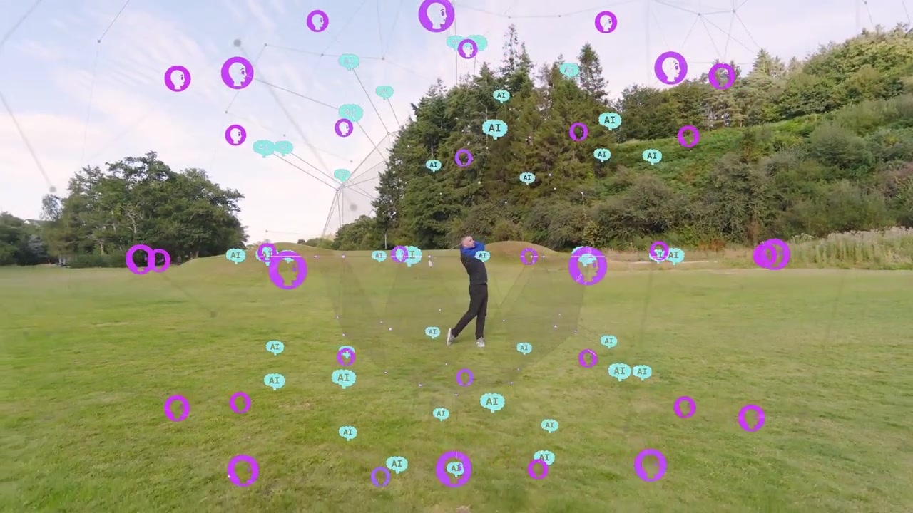 Golfer in blue jacket addressing ball, swinging, walking right while teen entering, AR marking shot