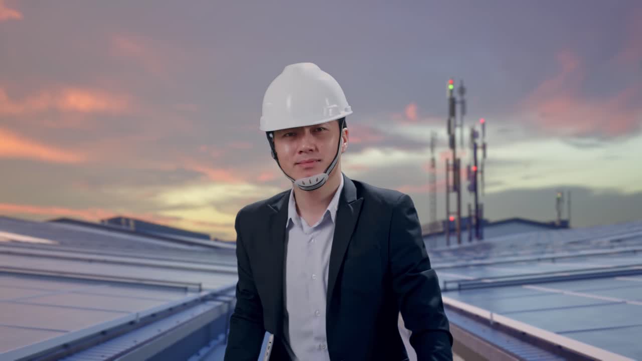 Frontalt billede af asiatisk forretningsmand, der holder en computer, mens han går på et industrielt tag med solpaneler.
