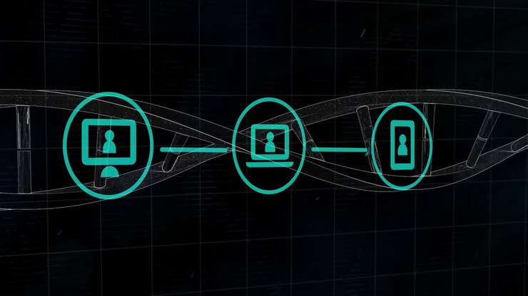 Animation of data processing over network of connections with icons