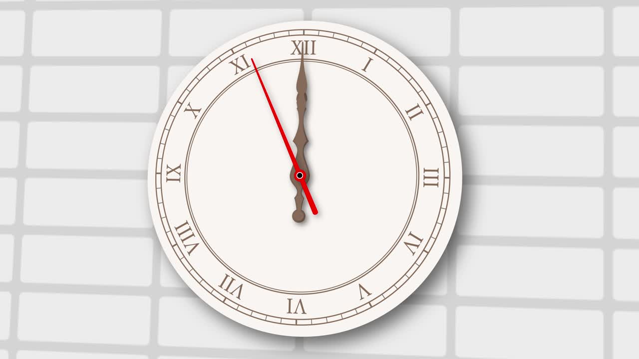 reloj gris claro animado en el fondo de la pared de ladrillo.