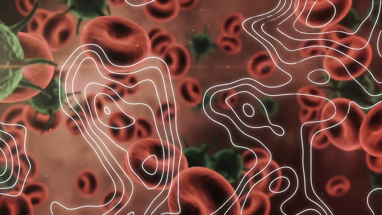 topografía sobre múltiples células de covid-19 y vasos sanguíneos flotando contra un fondo rojo