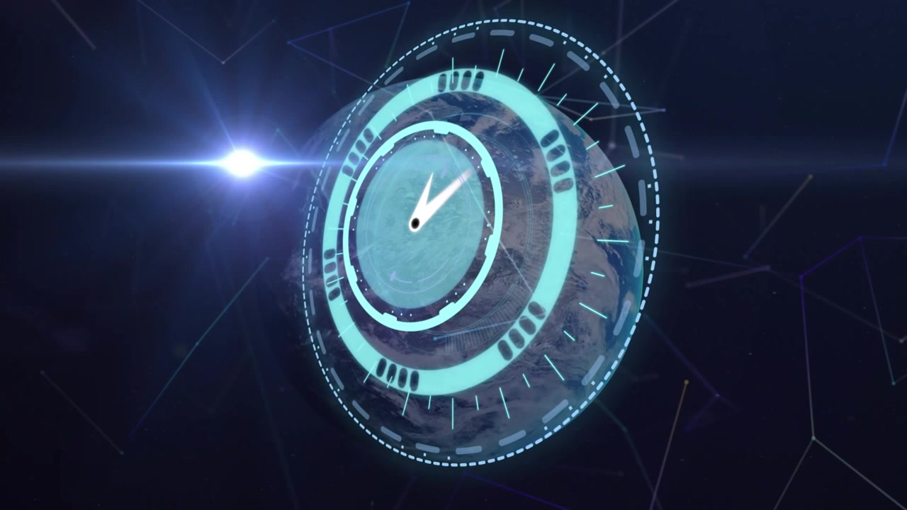 Animation of clock moving fast over globe and networks of connections