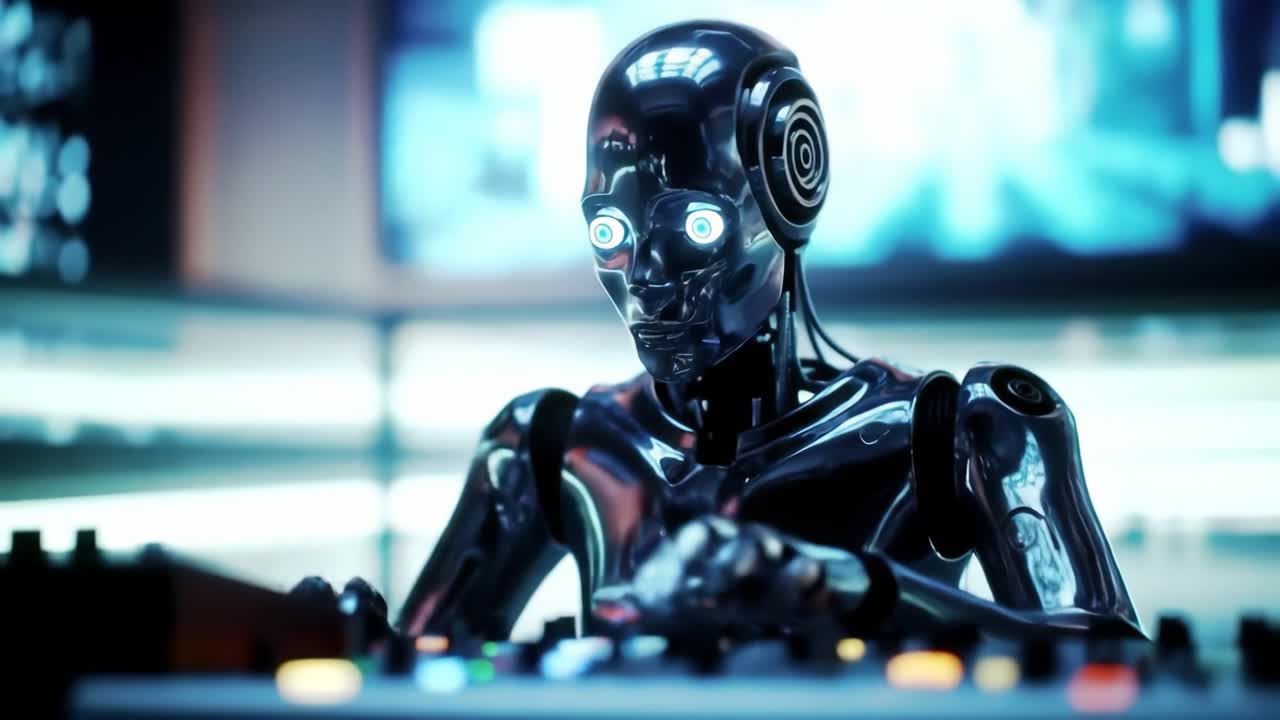 A robotic DJ mixes tracks in a high-tech environment, showcasing glowing controls and vibrant neon lights. The atmosphere is electric as the robot engages with sound and rhythm.