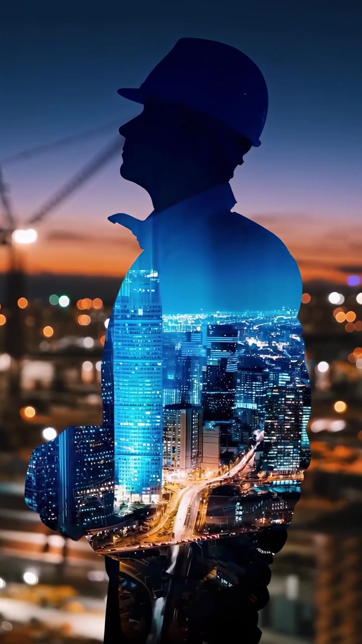 Double Exposure of Engineer Silhouette and Illuminated Cityscape at Night
