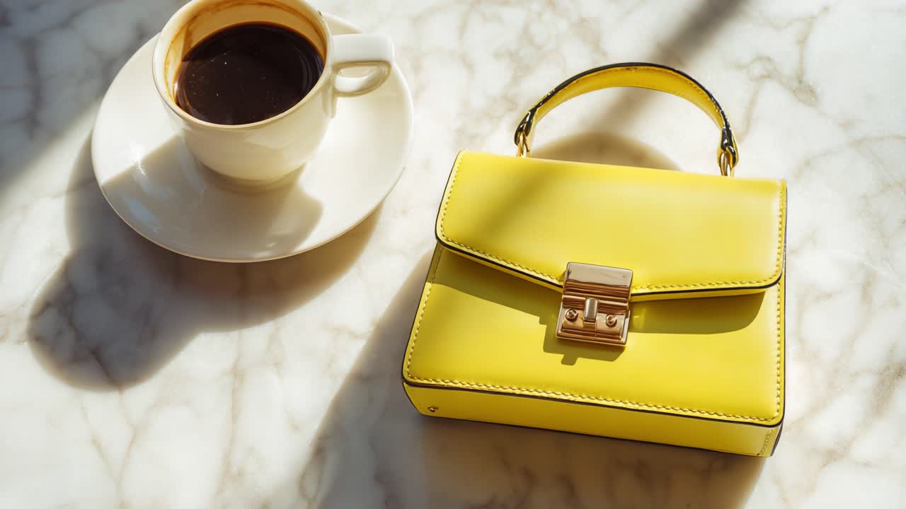 A vibrant yellow handbag elegantly positioned beside a steaming cup of coffee, showcasing the stylish fusion of fashion and indulgence against a luxurious marble backdrop, perfect for modern aesthetics