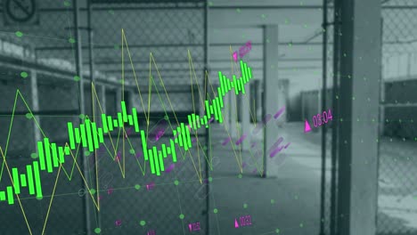 Animación-De-Gráficos-Financieros-Y-Globo-Terráqueo-Sobre-Una-Sala-Vacía