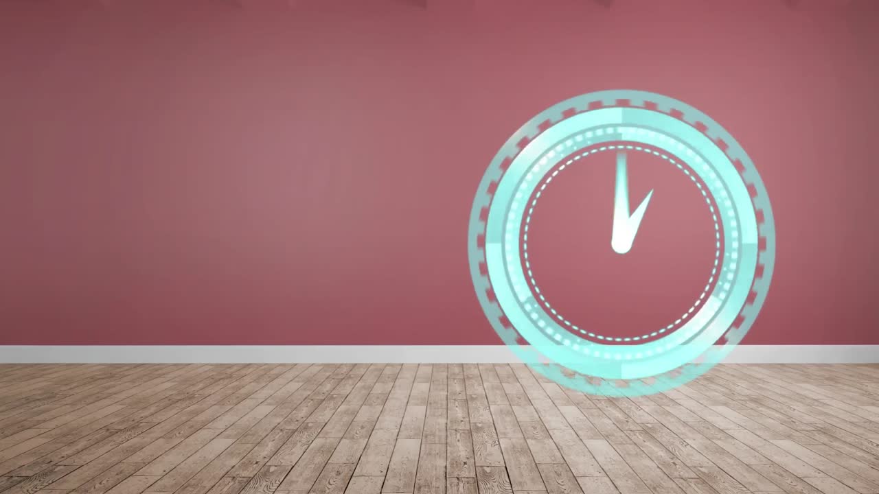 Animazione di un orologio che si muove velocemente con spazio per il testo su sfondo rosso e in legno